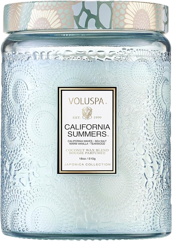 Voluspa California Summers Candle Jar, 18 oz, Coconut Wax Blend, Large Scented Candles for Home, 100 Hour Burn Time, Poured in The USA
