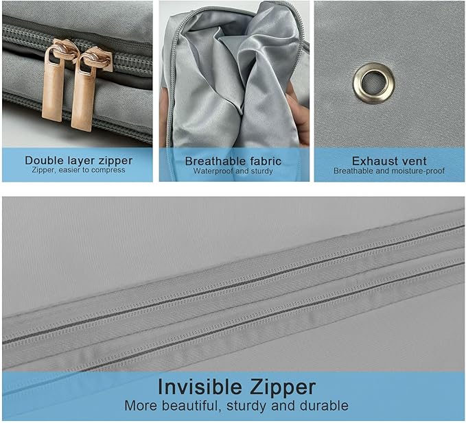 2PCS Comforter Storage Bag, 2-Layer Zipper Large Capacity Storage Bag, Ultra Space Saving Self Compression Storage Bags for Comforters, Clothes, Pillows, Duvet and Bedding Sets (Grey, Large)