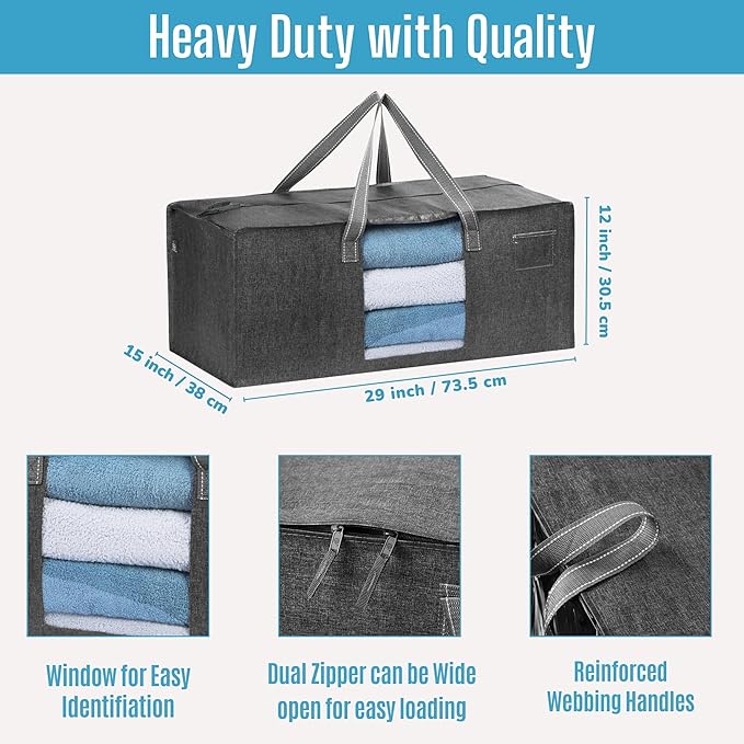 VENO 4 Pack Heavy Duty Moving Bags, Christmas Storage Bins with Lids, Transparent Window Design, Alternative to Moving Boxes, Storage Bags for Clothes, Blankets, Comforters, Pillows (Gray, 4 Pack)