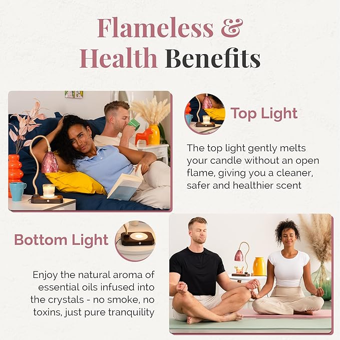 CRYSTALAX Candle Warmer Lamp + Crystal Warmer with Real Crystals, Dual Lighting (Top Candle Warmer + Crystal Glow), 2 Bulbs, Timer, Dimmable Touch Control, Luxury Gift Packaging