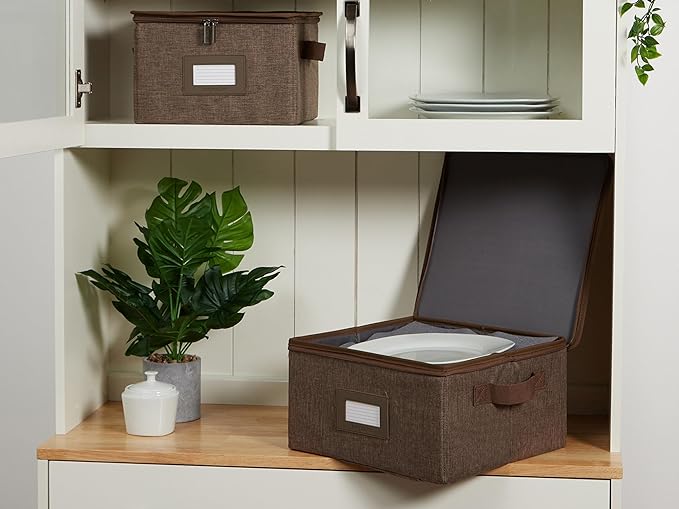 Covermates Dish Storage Box – China & Dinner Plate Storage Container with Dual Zippers, Reinforced Handles, ID Window & Stackable Structured Walls for Dishware Organization, Brown Heather