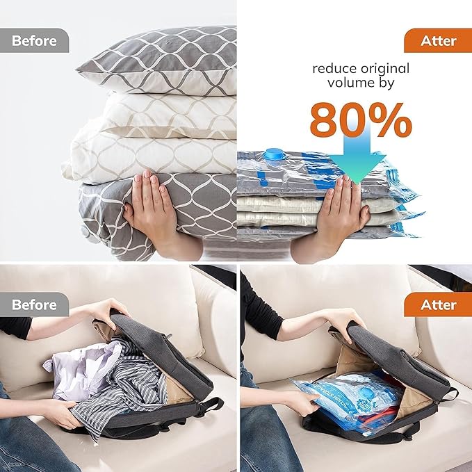 Vacuum Compression Storage Bags for Clothes - 6 Pack Reusable Space Saver Bags for travel (2 Large + 2 Medium + 2 Small)