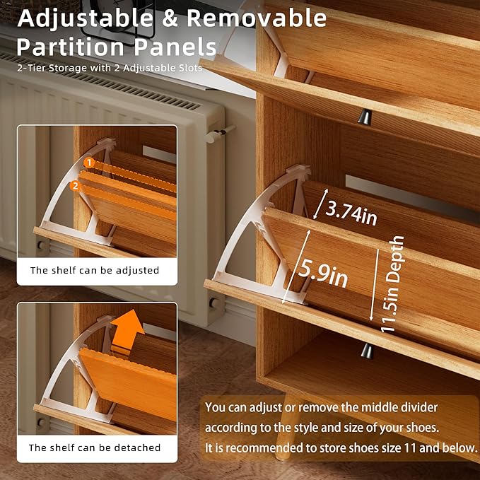 Fsbecl Shoe Storage Cabinet for Entryway with 3 Flip Drawers, Narrow Shoe Organizer with Fluted Panel, Freestanding Wood Hidden Shoe Cabinet for Hallway (Wood Color, 23.6''W, Double Layer)