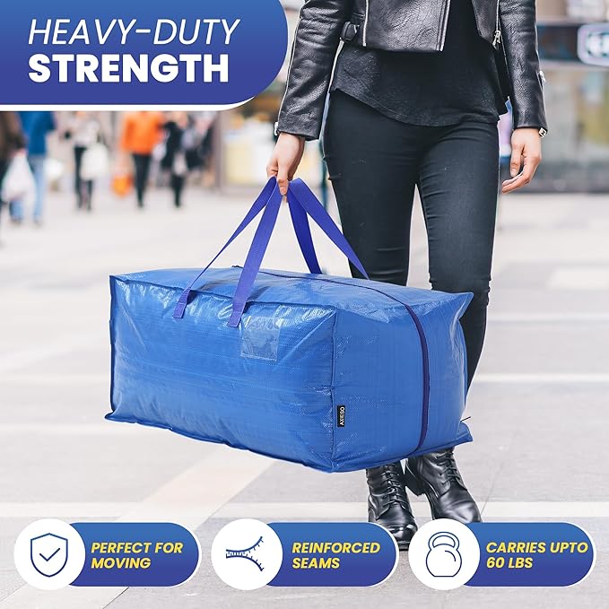 AXIESO Extra Large Moving Bags - 6-Pack Heavy Duty Storage Duffel - Sturdy Backpack Straps Handles, Zippers - Reusable Moving Storage Bags for Clothes - Folding Collapsible Storage Tote Bag Set – Blue