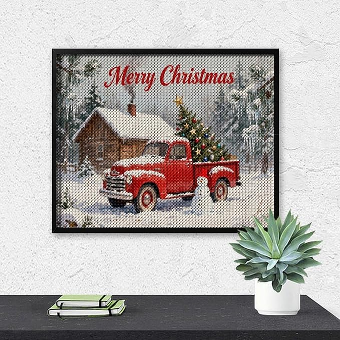 AIVKIEJK Diamond Painting Kits for Adults - Christmas Red Truck with Snowman, Snowy Cabin & Tree Painting DIY 5D Full Drill Diamond Dots Paintings with Diamonds Gem Art and Crafts Home Decor 16"x20"