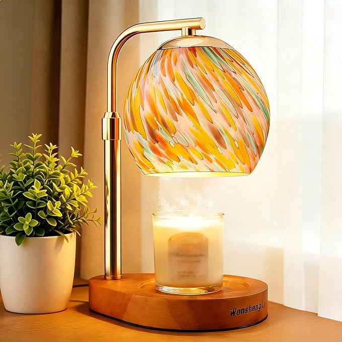 Stained Glass Candle Warmer Lamp with Dimmable 7-Level Brighness, Adjustable Height with 2/4/8H Timer, Home Decor with 2 Bulbs and Gifts for Women Mom Scented Jar Candles- Gold