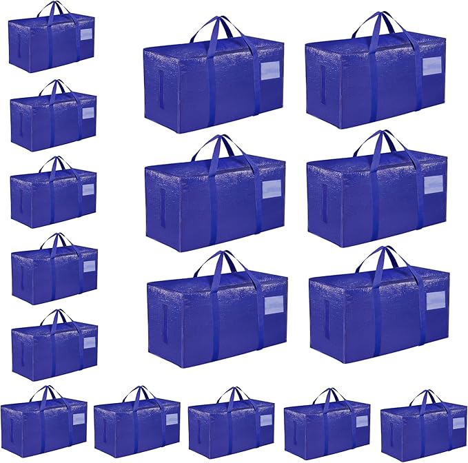 16 Pack-Extra Large Heavy Duty Moving Bags - Waterproof Storage Totes with Handles & Zippers, Foldable for College Dorm, Storage (Blue)