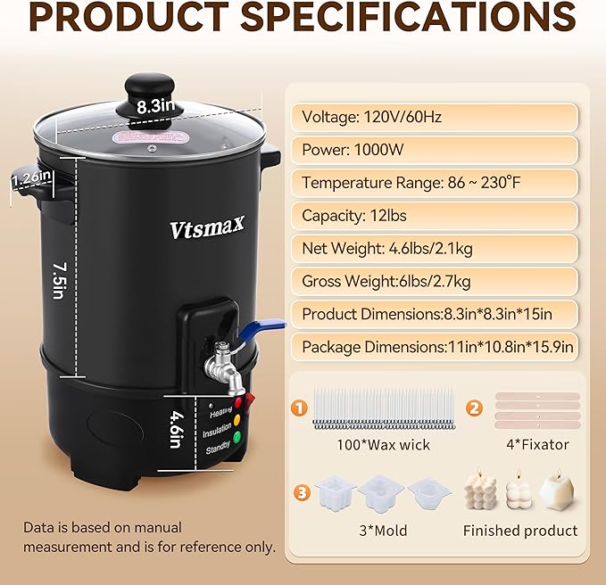 Vtsmax 12Lbs Wax Melter for Candle Making Pot with Temp Control and No-Clog Pour Spout, Easy to Use & Clean for Candle, Soap, Home & Commercial Use