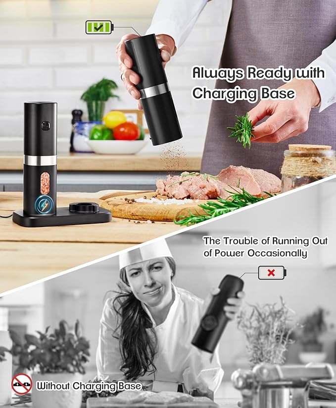 Electric Salt and Pepper Grinder Set, New Rechargeable Salt and Pepper Mill with Charging Base, Adjustable Coarseness Shakers with LED Light, One Hand Operation for Kitchen Appliances Gifts for Women