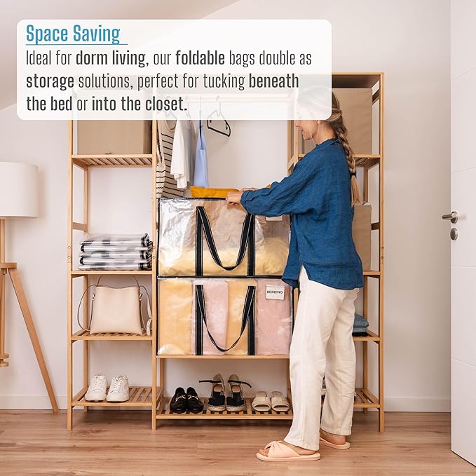 VENO 2 Pack Clear Storage Moving Bags, Heavy Duty Storage Bins with Lid, Around Handles, Tag, Zippers, Extra Large Totes Packing Moving Boxes Supplies for College Dorm Clothes (Transparent)