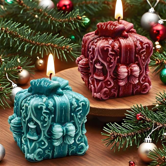 Wehous 2PCS Gift Box Candle Molds, Delicate Christmas Bell Embossed Silicone Molds for Candle Soap Wax Epoxy Resin, Holiday Fondant Chocolate Cake Dessert Mold, Christmas Ornament Art Craft Mold