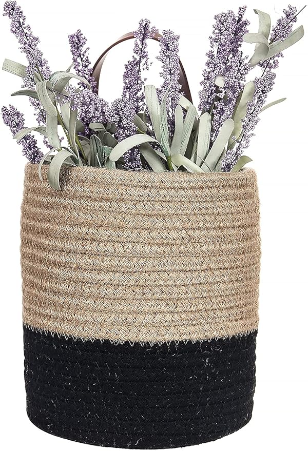 Wall Hanging Storage Baskets - Small Cotton Rope Woven Closet Storage Bins-Shelf Basket Organizer for Plants, Towels,Toys - 6.3" x 7" (Jute & Black)
