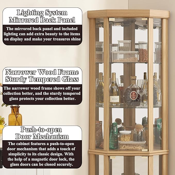 69" H Lighted Curio Cabinet Corner Display Case,Corner Glass Cabinets with Tempered Glass Door and Adjustable Shelves,Wooden Curio Cabinet with Mirrored Back Pane (Style 1 - Light Oak)