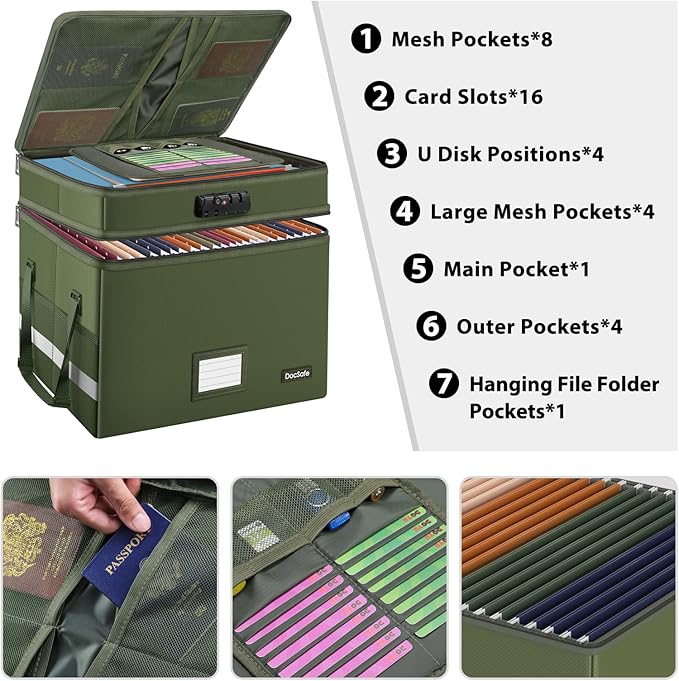 DocSafe File Box with Lock,Multi-Layer Fireproof Document Box Collapsible File Storage Organizer with Pockets/Handle,Portable Home Office Filing Cabinet for Hanging Letter/Legal Size Folders,Green