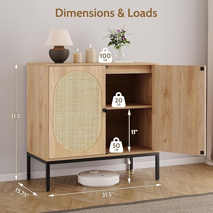 Yechen Set of 2 63" Sideboard Cabinet with Natural Rattan Hand-Woven Doors, Rattan Cabinet, Accent Buffet Storage Console Cane Credenza, for Living Room Entryway, Metal Legs/Natural