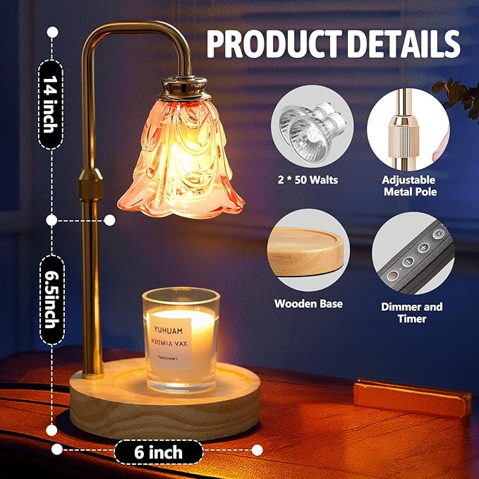 Candle Warmer Lamp with Timer Electric Adjustable Height Candle Warmer Dimmable Wax Warmer Lamp Jar Candles with 2 Bulbs for Home Decor & Office