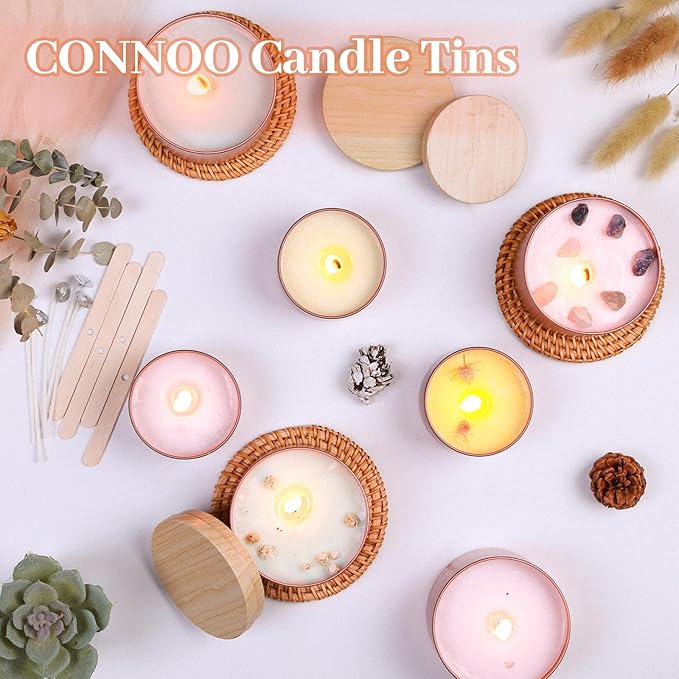 CONNOO 24 Pack Candle Tins, 12pcs 8 OZ & 12pcs 4 OZ Rose Gold Jars with Metal Wood-Grain Lids, Bulk Empty Containers for Candle Making, Wick Kit Included