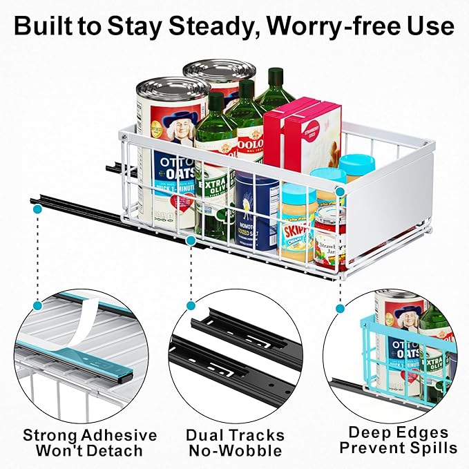 iSPECLE Pull Out Cabinet Organizer, Adhesive Slide Out Drawers with 6.9" High Sides, No Drill Under Cabinet Storage Shelves for Kitchen Pantry, Heavy Duty Smooth Gliding Rolling Tray, White
