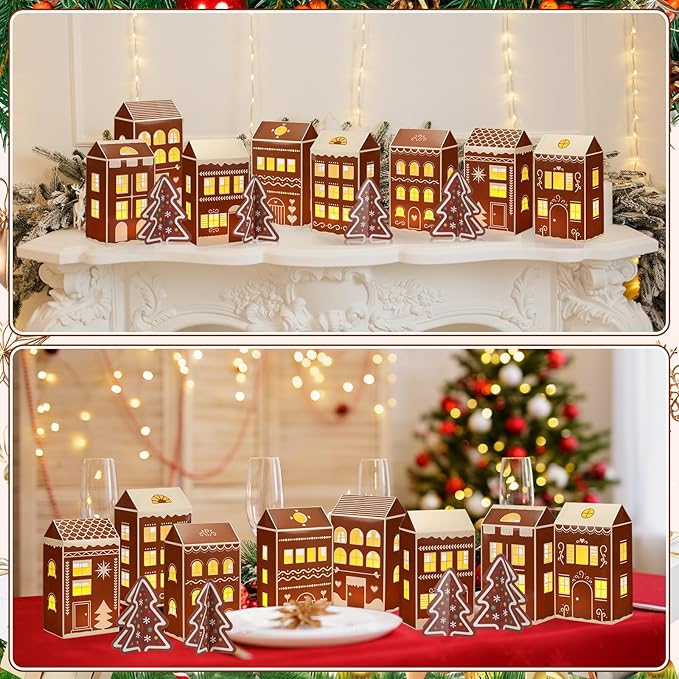 Reallnaive 20 Pcs Large 8" Christmas Cardboard Village Houses Set Xmas DIY Village Houses with LED Candle Paper Home and Tree Figurine Scene Desktop Ornament for Home Party Decor(Gingerbread,Brown)