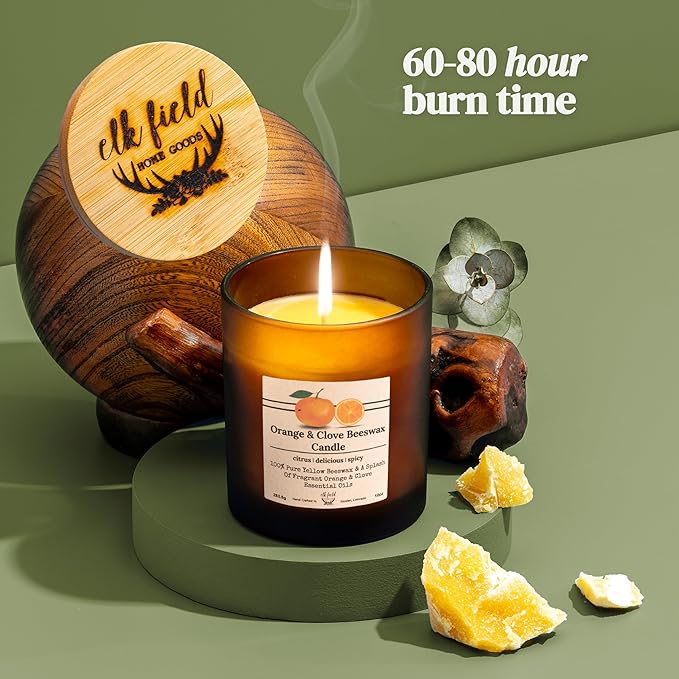 Orange Clove Organic Beeswax Candle | 2 Ingredients | 100% Pure Beeswax Candles, Non Toxic, Natural, Organic Candles, Beeswax Candles Scented, Non Toxic Candles, 80 Hour, 14oz