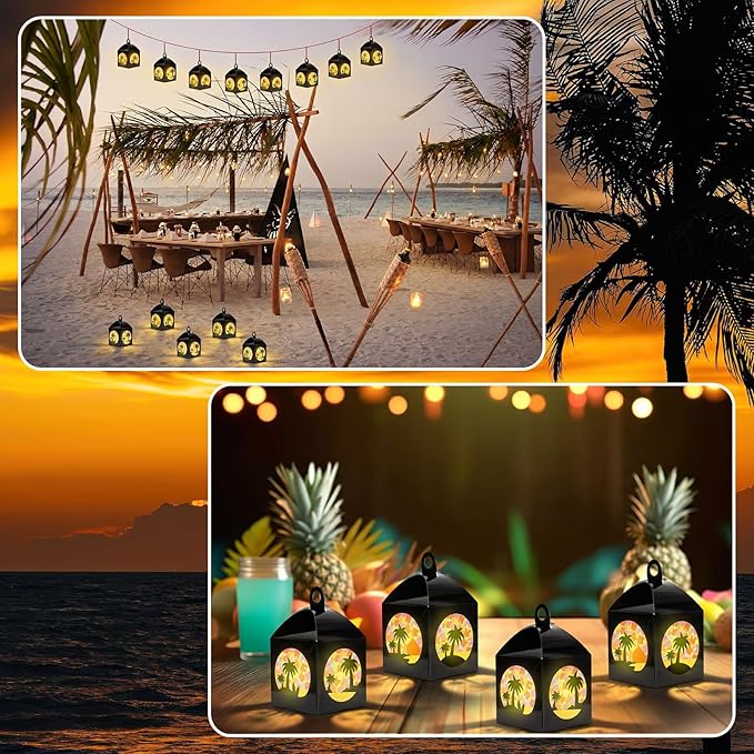 Simgoing 12 Sets Tropical Palm Tree Crafts with LED Candle Light DIY Hawaiian Summer Tissue Paper Craft Kits Hawaiian Luau Palm Tree Hanging Beach Jungle Embellishment for Home Decors Party