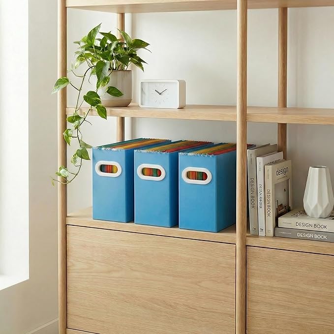 Hanging File Organizer Box, 3 Pack Blue Cardboard File Folder Holder for Letter Size, Portable Desk Document Storage with Handles, for Office,Home,School