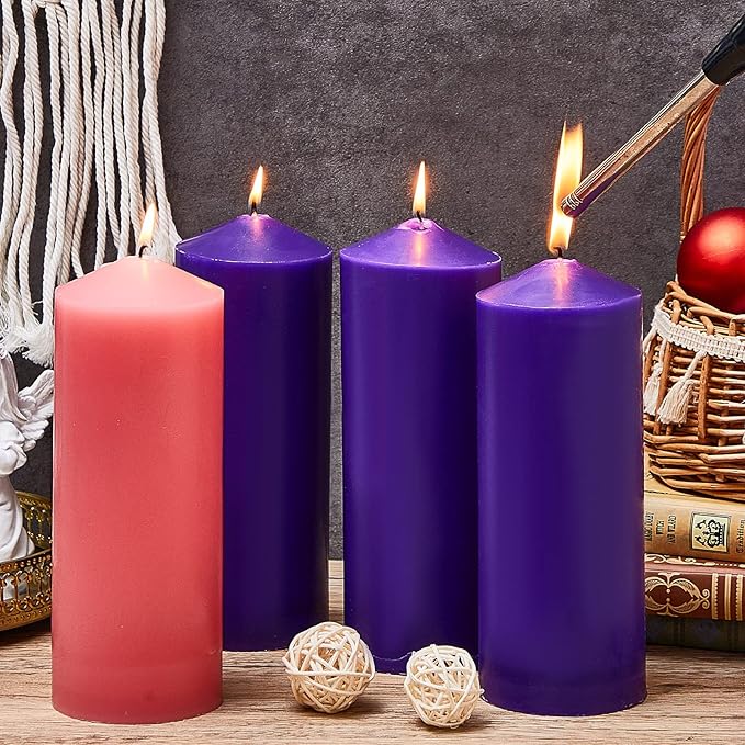 Amylove 4 Pcs 3 x 8 Inch Advent Pillar Candles Set Pink Purple Christmas Unscented Lasting Burning Church Candles for Advent Wreath Holiday Gifting
