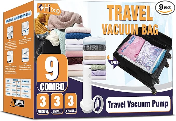 Travel Vacuum Bags with Electric Pump, Vacuum Travel Bags for Luggage and Suitcase, Combo 9 Pack