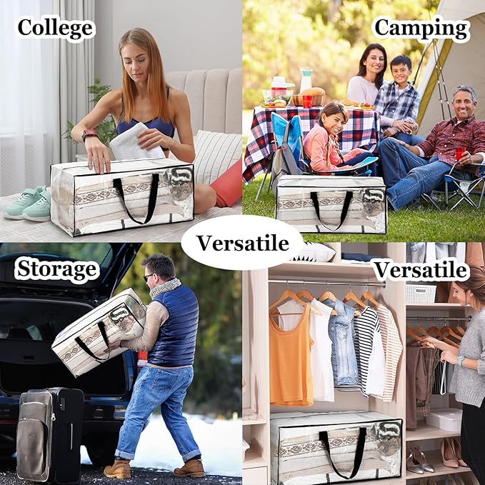 4 Pcs 24 Gallon Extra Large Moving Bags Heavy Duty Storage Bag with Strong Zipper Handle Foldable XXL Jumbo Storage Tote Packing Moving Box for College Dorm Travel Cloth Duffle (Clear)