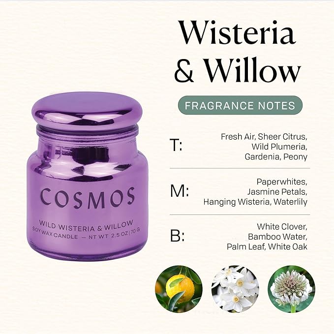Paddywax Chroma Scented Candle with Lid in Reusable Metallic Etched Glass Jar, Clean- Burn Soy Candle with Approx. 14 Hour Burn Time, Violet – Cosmos, Wild Wisteria & Willow, 2.5 oz