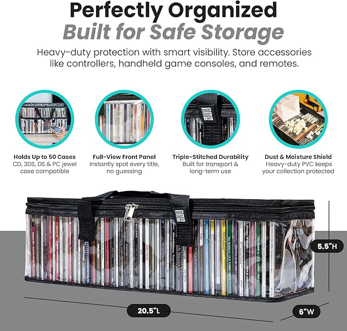 Made Easy Kit CLEAR VIEW Media Storage Bag for CDs, & Video Game Cases- Protect your Collection & Preserve the Quality of your Cases - Stackable, Space-Saving, Fits 50 (Black CD, 4-Pack)