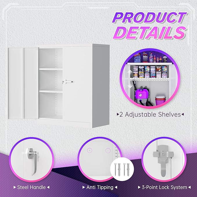 Superday 36" Metal Storage Cabinet, White Garage Storage Cabinets with Locking Doors and Adjustable Shelves, Steel Lockable Cabinets, Tool Cabinet for Home Office, Garage, School