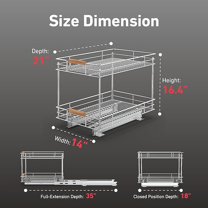 Mount Walker Pull Out Cabinet Organizer(14" W x 21" D), 2 Tier Slide Out Shelves with Wood Handle, Sliding Drawer Pull Storage Shelf for 15-1/4” Cabinet Opening, Chrome