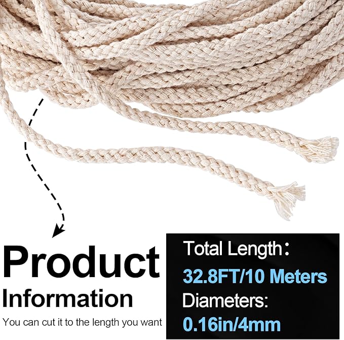 32.75 Ft Cotton Wicks for Oil Lamps, 1/8 Inch Braided Round Candle Wicks Replacements, Candlemaking Supplies (10 m)
