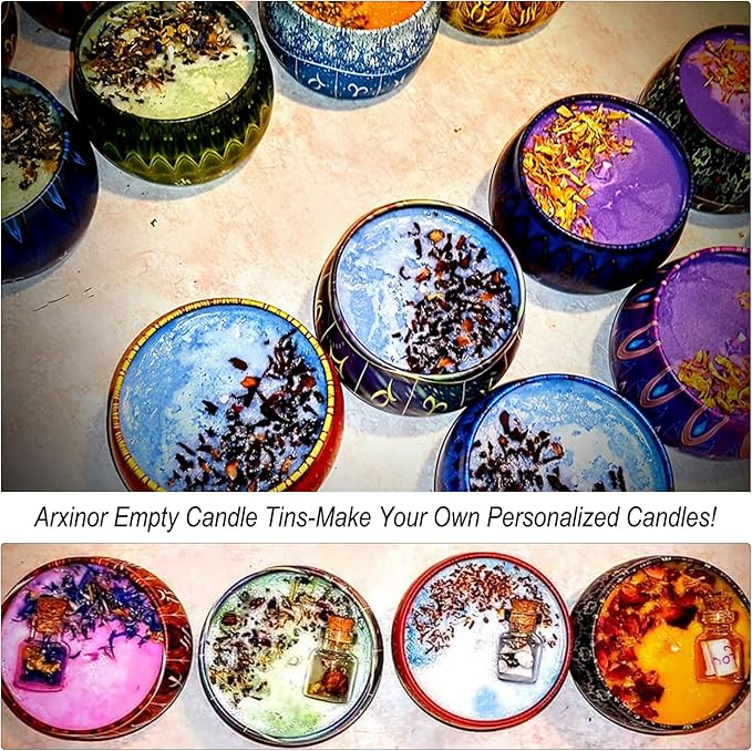 Arxinor Empty 3 oz Candle Tins Candle Jars 28 Pcs 28 Patterns, Candle Making Kits, with Wicks, Wick Holders & Stickers