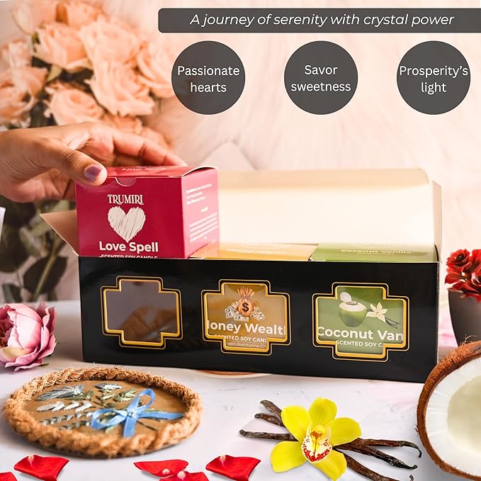 Love Spell, Money Wealth, Coconut Vanilla - Soy Candles Non Toxic - Highly Scented Long Lasting with Essential Oils - Variety Pack of 3 x 5oz - for Home Aromatherapy Meditation Gift Travel