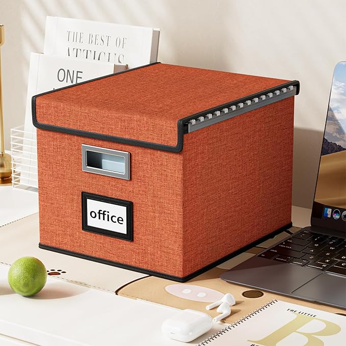 Huolewa File Organizer Box with Lid, Collapsible File Folder Organizer for Office Document Storage, Filing Box with Plastic Slide for Letter Size Hanging File Folders(1 Pack, Reddish Organge)