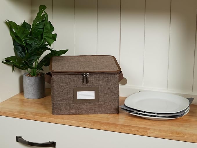 Covermates Dish Storage Box – China & Dinner Plate Storage Container with Dual Zippers, Reinforced Handles, ID Window & Stackable Structured Walls for Dishware Organization, Brown Heather