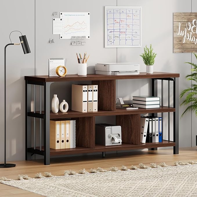IBF Horizontal Bookshelf, Industrial 5 Cube Storage Organizer Open Shelf, Modern Wide Book Shelf for Bedroom Living Room, Rustic Wood and Metal Low Short Bookcase for Home Office, Walnut Oak, 47 Inch
