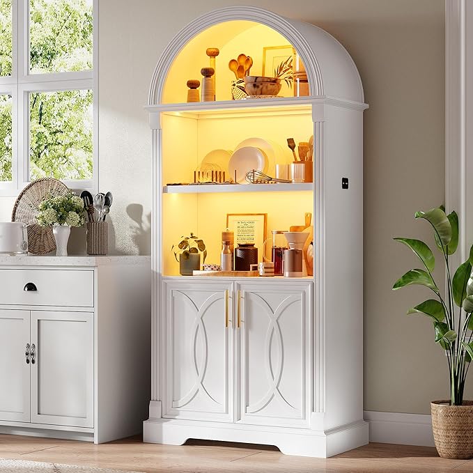 Vlsrka 71" Tall Arched Cabinet, Kitchen Pantry Cabinets, Arched Bookshelf/Bookcase,China Cabinet, Wood Kitchen Storage Cabinets with Open & Adjustable Shelves, Induction 3 Color Lights, White