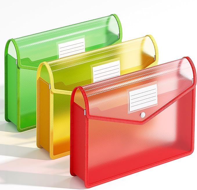 3 Pack Plastic Expanding File Folder, Transparent envelopes with Snap Closure, Fit Legal/B4 Size for School/Office/Home/Hospital, No Dividers, Large Capacity-3 Colors
