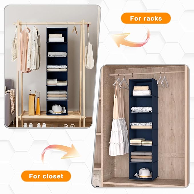 Hanging Closet Organizer and Storage 6-Shelf, Easy Mount Foldable Hanging Closet Wardrobe Shelves, Clothes Handbag Shoes Accessories Storage, Washable Oxford Cloth Fabric, Navy Blue