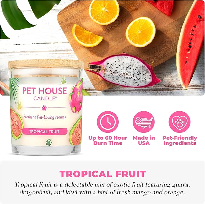 Pet House Candles, Clean Burning, Long Lasting Pet Odor Candles, Plant-Based, 60 Hour Burn Time - Tropical Fruit, 9 oz