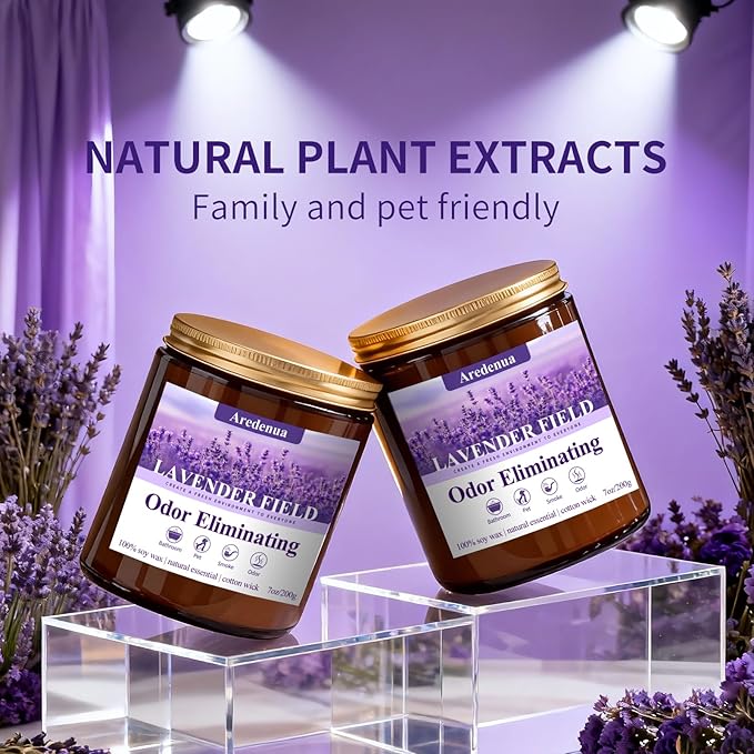 Lavender Odor Eliminating Candles | Eliminates 95% of Pet, Smoke & Bathroom Odors – 7oz Hand Poured Soy Candle - Aromatherapy Stress Relief Scented Candles - Relaxing Gifts for Calm & Fresh Homes