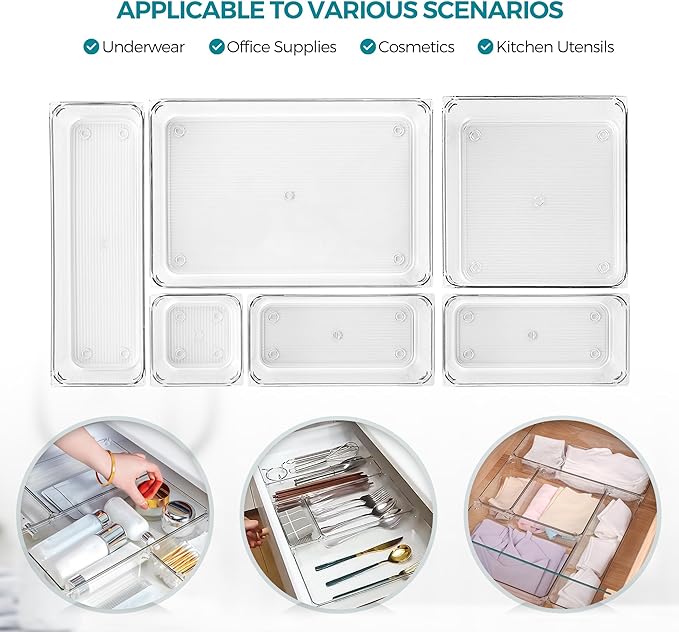 6 Pack Drawer Organizer - 3" X 9" Clear Acrylic Storage Bins with Non-Slip Pads, Versatile Desk Tray for Makeup, Jewelry, Kitchen, Bathroom, and Office Organization