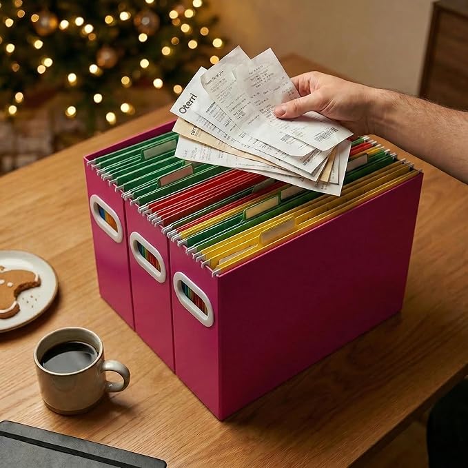 Hanging File Organizer Box, 3 Pack Pink Cardboard File Folder Holder for Letter Size, Portable Desk Document Storage with Handles, for Office,Home,School