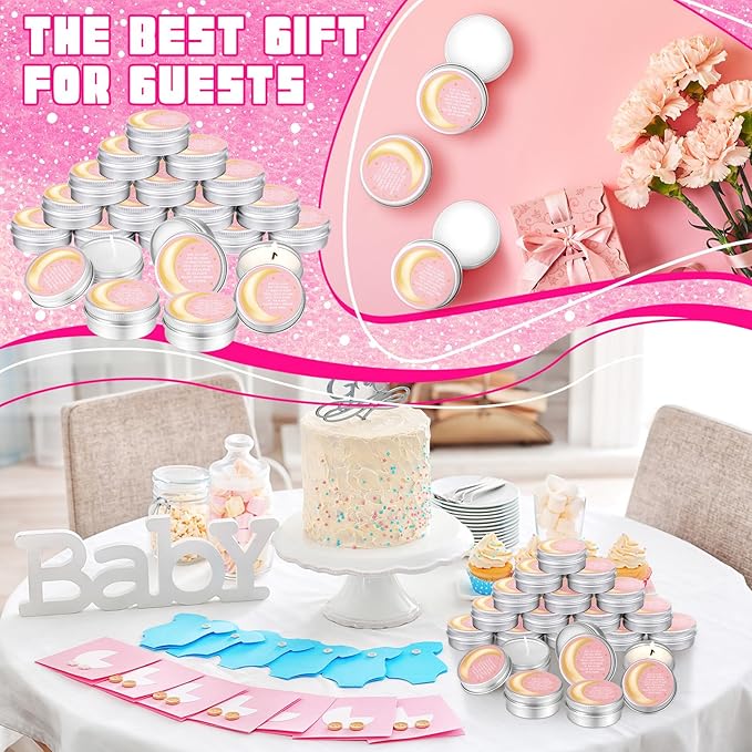 MTLEE 50 Pcs Over The Moon Baby Shower Candles Over The Moon Baby Shower Favors Gift Travel Tin Candle Aromatherapy Favors(Pink)