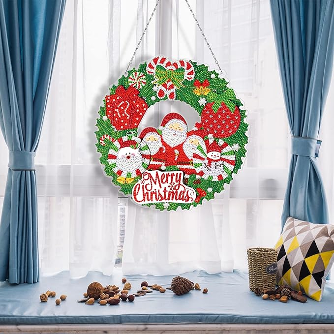 Diamond Art Painting Santa Claus Wreath Hanging Ornament with LED Light String 5D DIY Snowman Rhinestone Art Christmas Wreaths Special Shaped Diamond Paint by Number Mosaic Kits Front Door Wall Decor