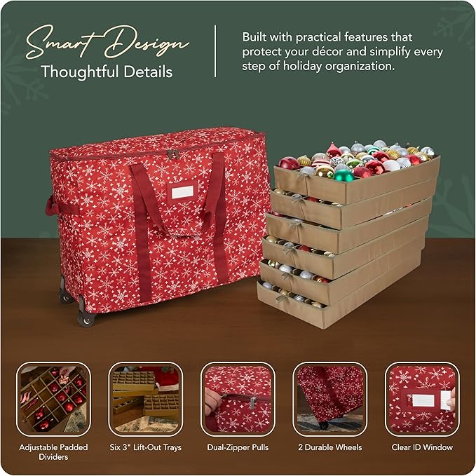 Covermates Keepsakes Rolling Adjustable Ornament Storage Bag – Heavy-Duty Polyester, FlexGrid Trays & Padded Dividers – Protective Holiday Organizer with Wheels, Handles & ID Window, Red Snowflake