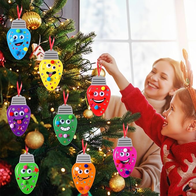 Funrous 48 Sets Christmas Crafts Kit Colorful Lights Bulbs Expression Paper Crafts DIY Xmas Tree Hanging Ornaments Decorations with Pompoms Diamond Stickers Eyes Arts Classroom Activities Party Favor